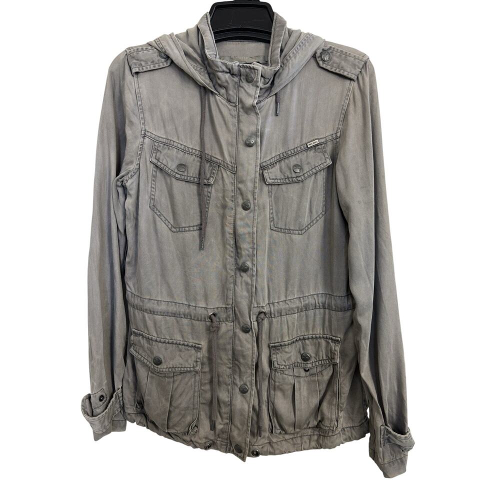 Max Jeans Chambray Gray Jacket Size Small Chore Coat Hooded Pockets Utility